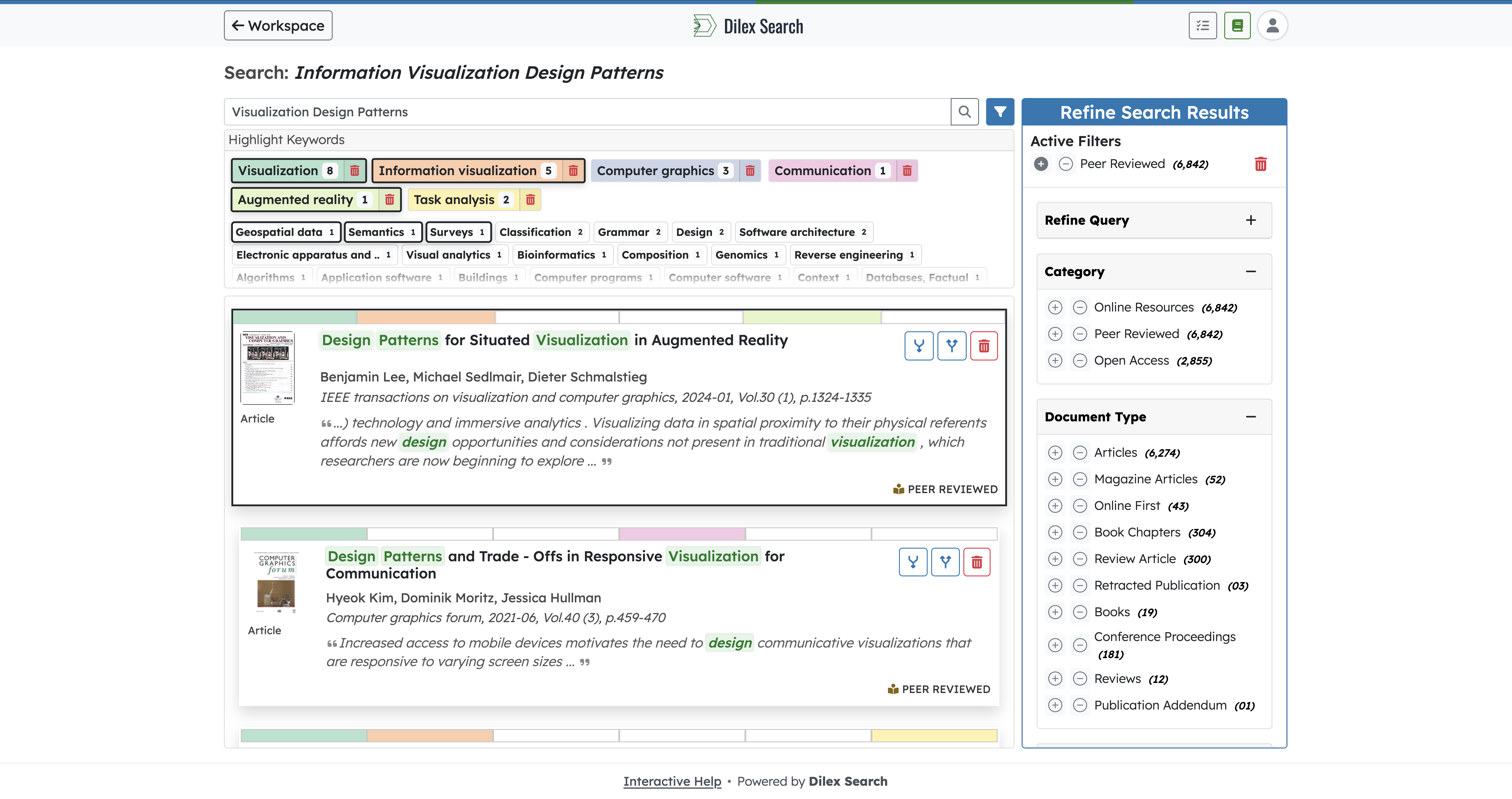 Dilex Search on desktop: search results with highlight keywords and refine panel.