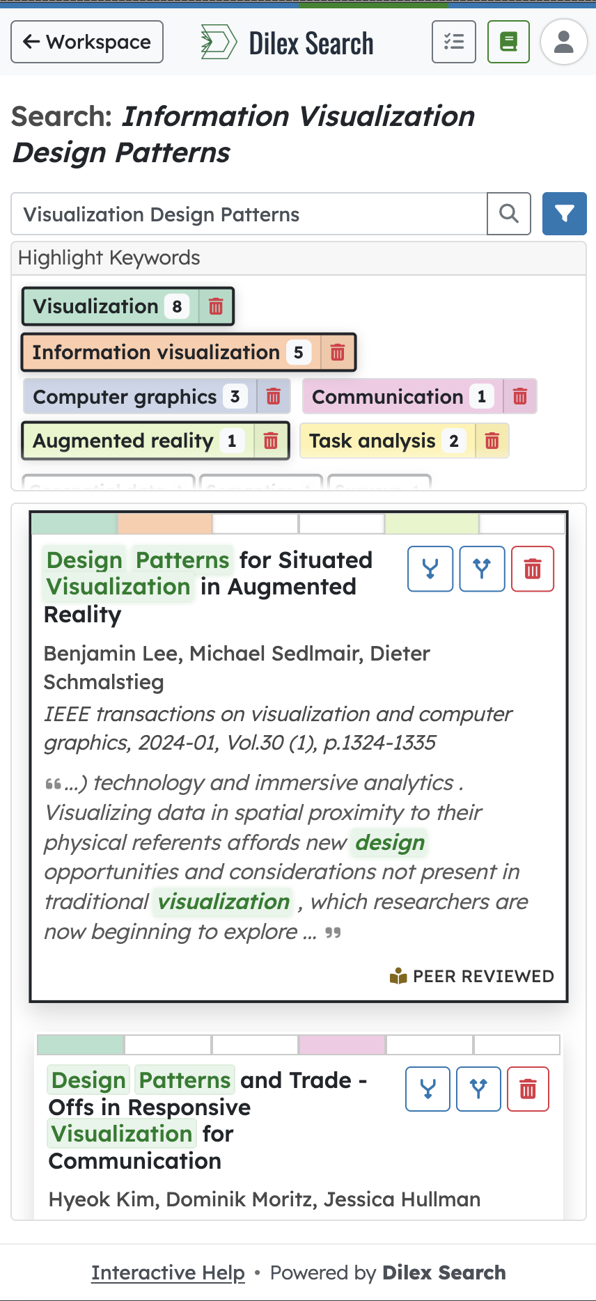 Dilex Search on mobile: search results with highlight keywords.
